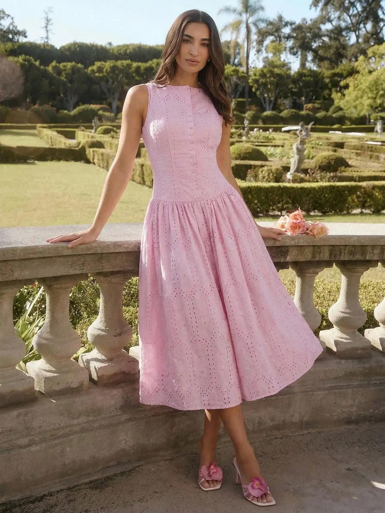 Romantico Abito Midi Rosa Senza Maniche con Occhiellature per Primavera Estate e Appuntamenti