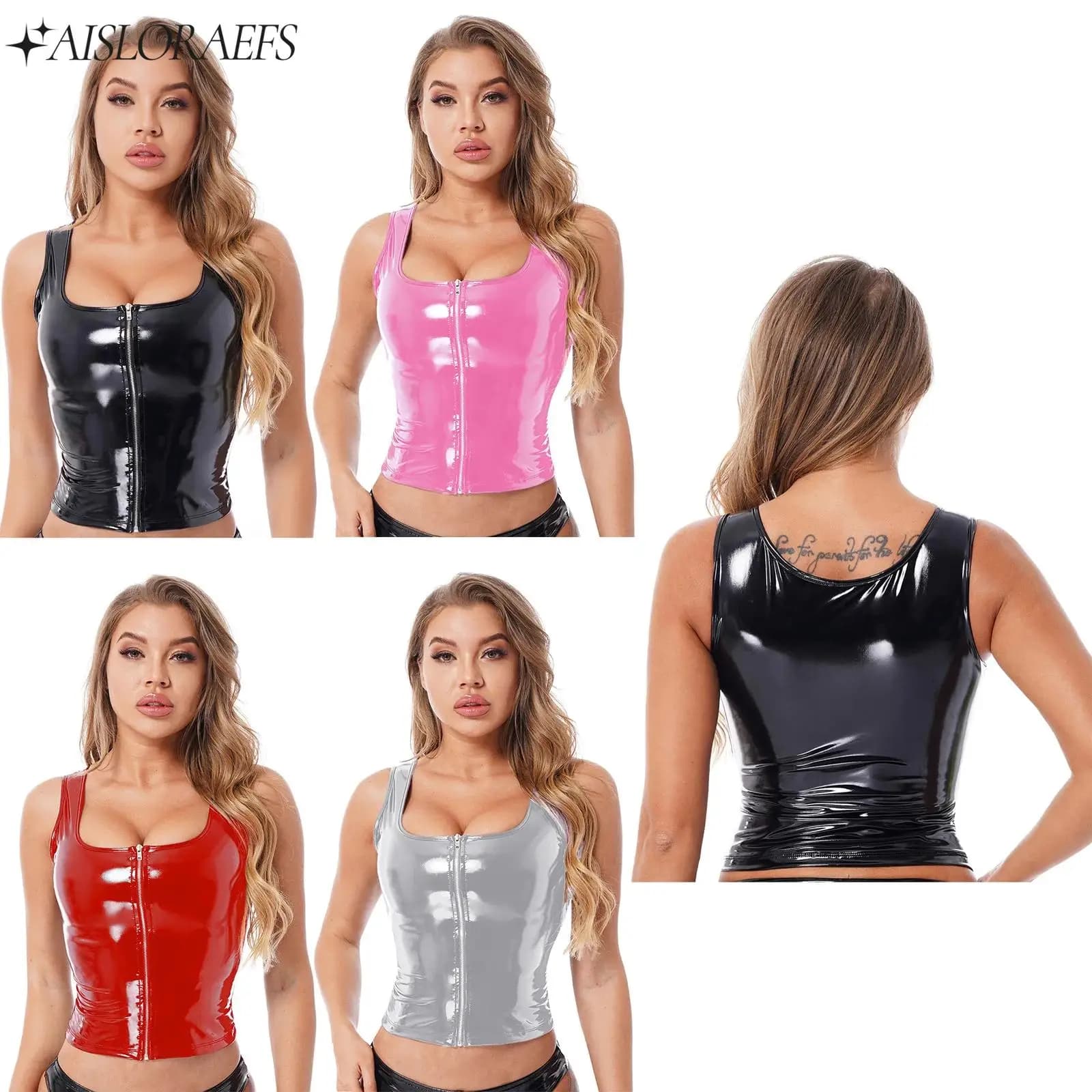 Canottiera senza maniche effetto bagnato da donna, canottiera in pelle verniciata, per club, pole dance, vita quotidiana, festival musicali