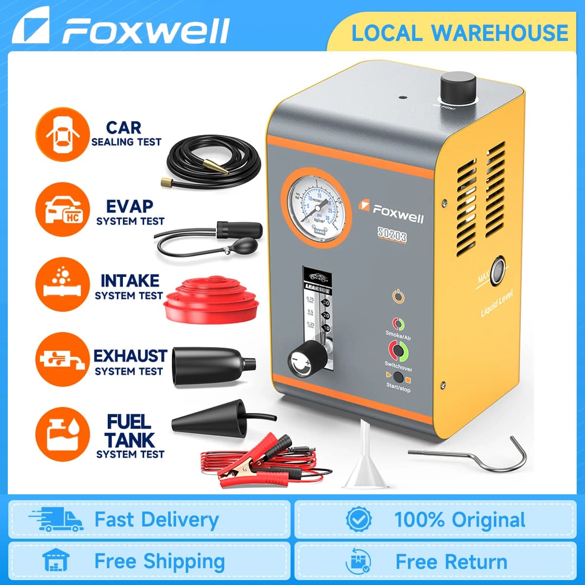 FOXWELL SD203 Rilevatore di perdite di fumo per auto Tubo di vuoto Generatore di fumo Analizzatore di perdite di tubi Strumenti diagnostici del sistema EVAP