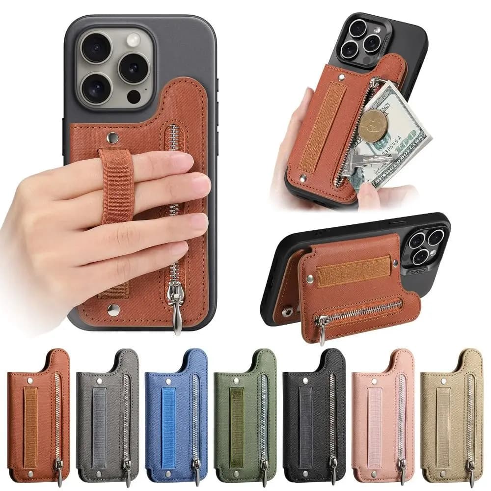 Porta carte per telefono in pelle PU Portafogli per telefono autoadesivi con blocco RFID con cinturino da polso Porta carte per