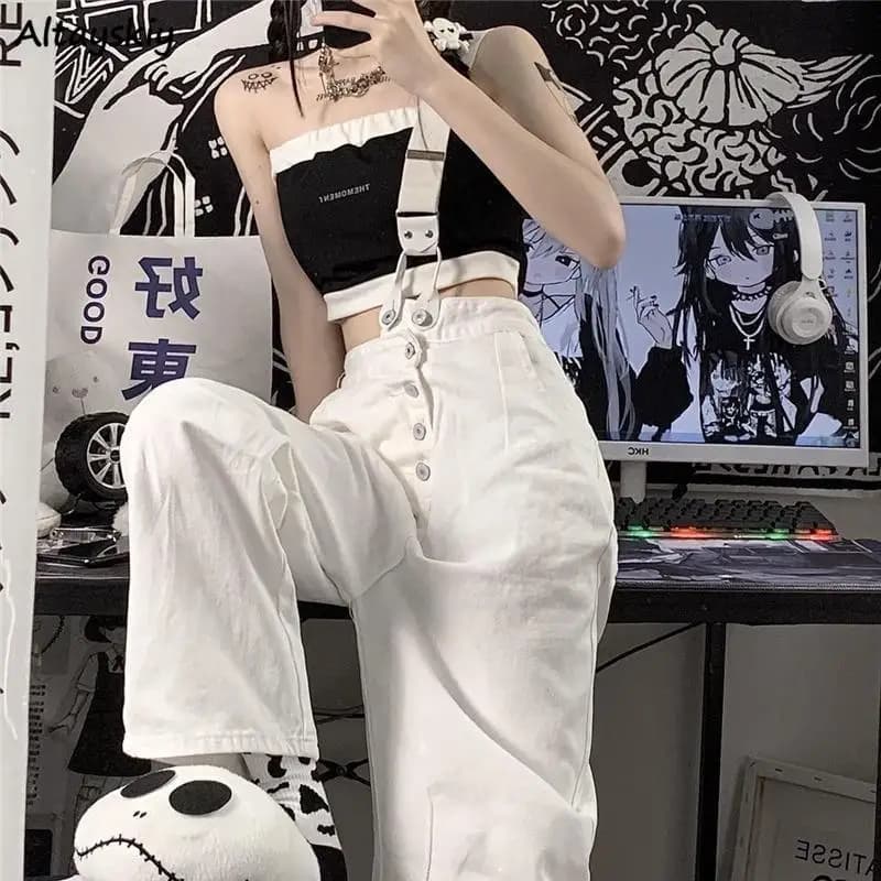 Women's Button-design All-match Streetwear fashion Casual Korean style tute right loose straps detachable