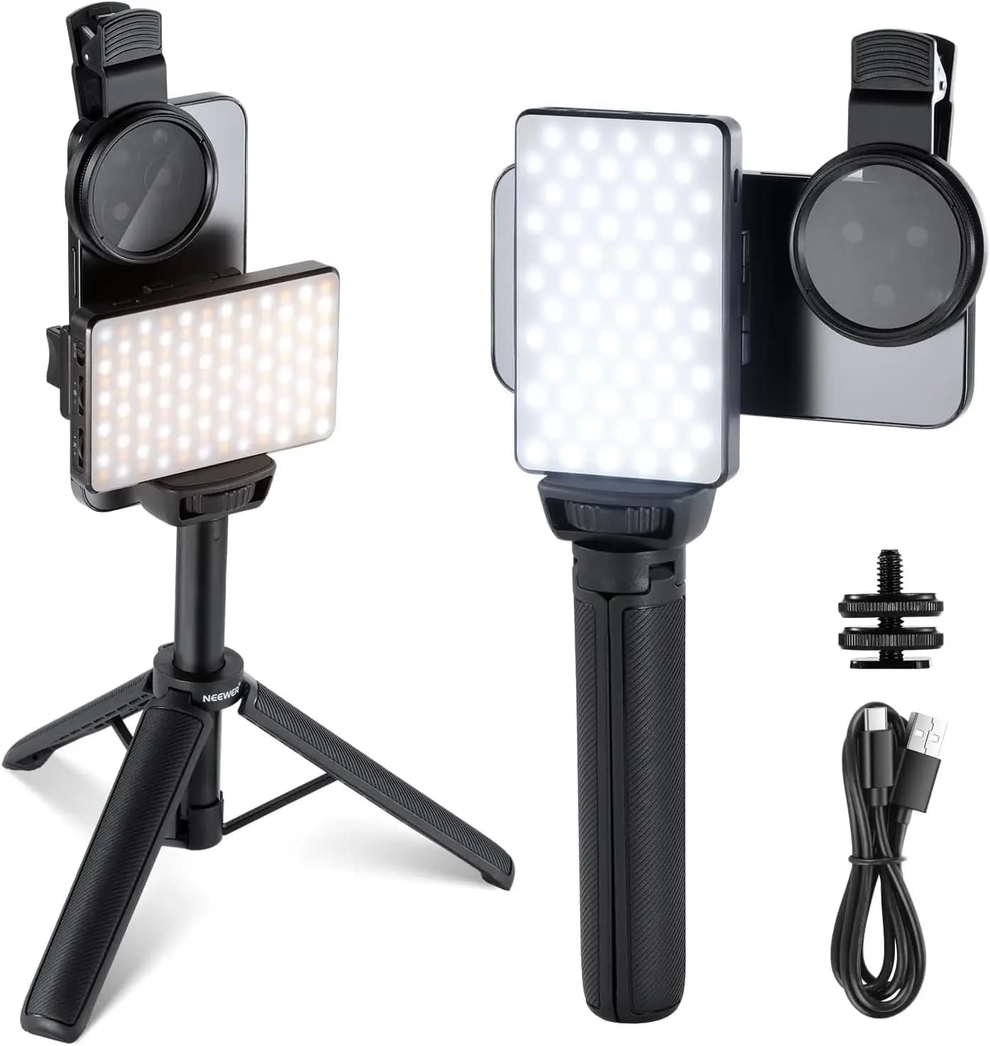 Luce selfie a LED con clip con filtro CPL e treppiede per fotografia di iPhone, dimmerabile 2500K-9000K, autonomia di 150 minuti