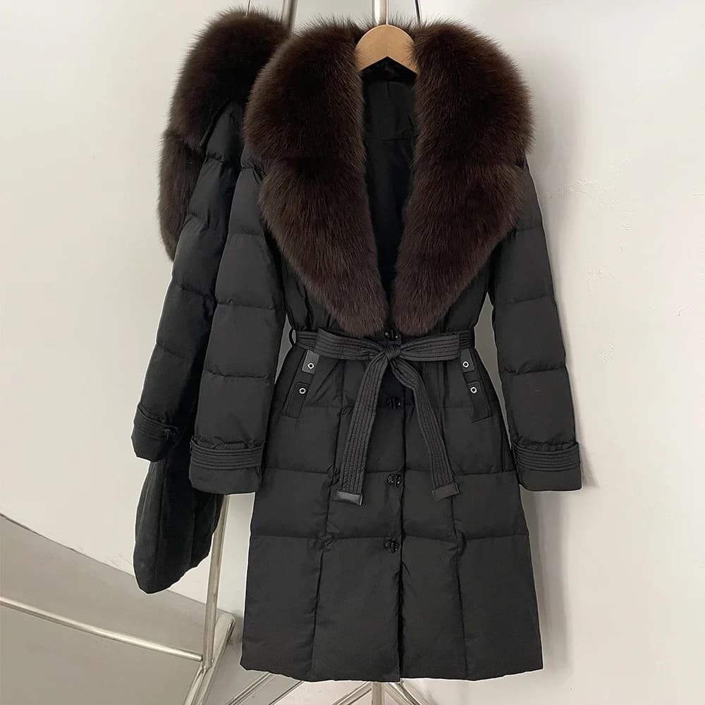 2025 New Winter Real Fox Fur Long Clothes Women Belt Thickened Warm Natural Fur Duck Down Female Luxury Fashion Puffer Jacket
