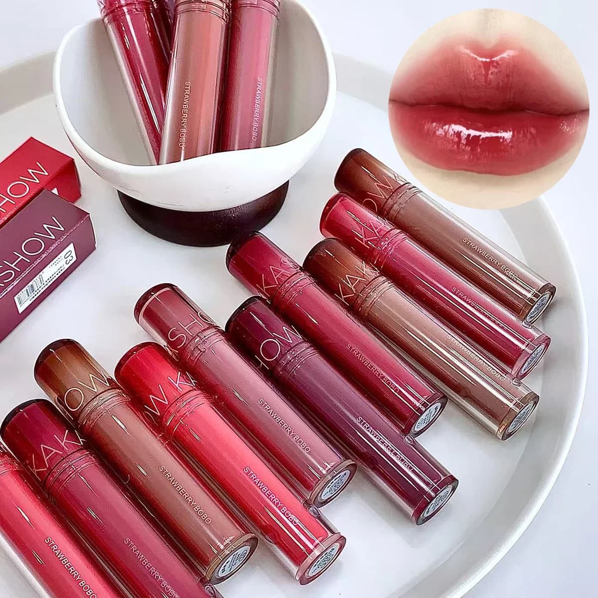 kakashow Strawberry Water Gloss Lip Tint, idratante e a lunga durata, lucidalabbra, rossetto, non secca, labbra naturalmente voluminose per le donne