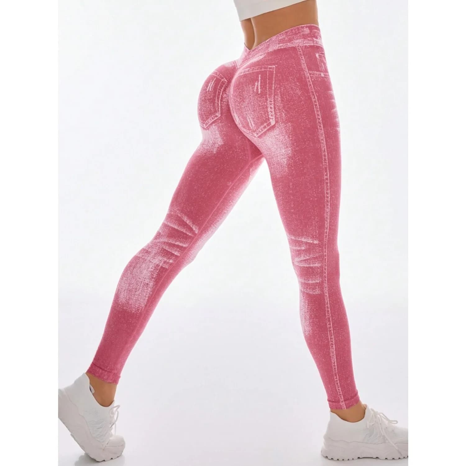 Pantaloni da yoga stampati in denim da donna senza cuciture con vita a V e fianchi color pesca Pantaloni attillati sexy alla moda Pantaloni da palestra per esercizi di yoga