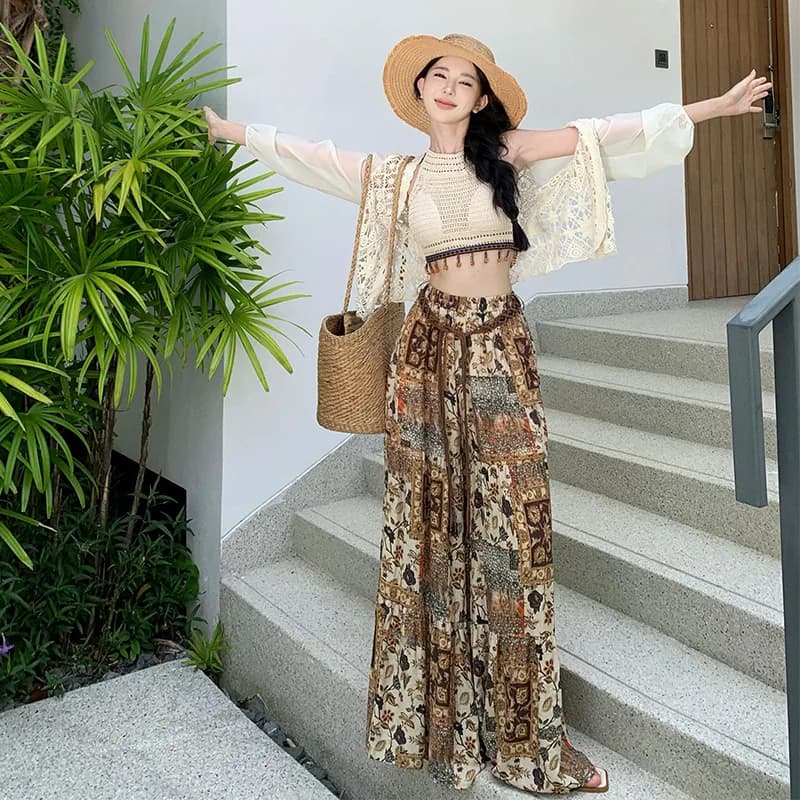 Bohemian Print High Waist Wide Leg Pants Flared Trousers Travel Long Pants Vest Ethnic Style Casual Summer Polyester Fiber
