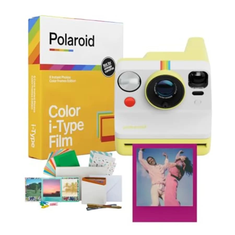 Fotocamera istantanea per fotografia casual, corpo in plastica ABS, gialla, con supporto per treppiede integrato e sistema autofocus a doppia lente