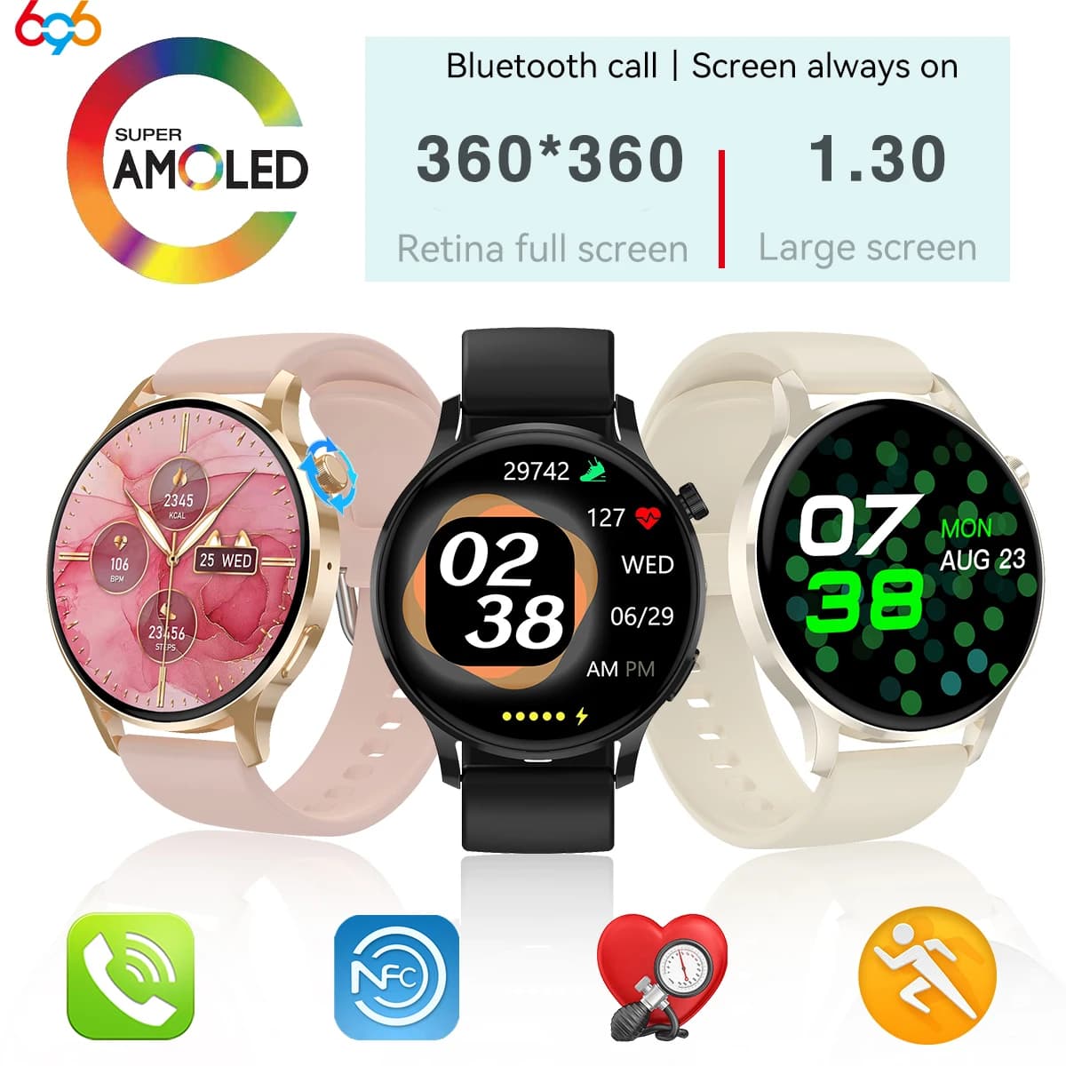 Smart Watch Donna Cardiofrequenzimetro NFC Smartwatch Notifuzione da donna Promemoria chiamata vocale intelligente Meteo Musica Carica wireless