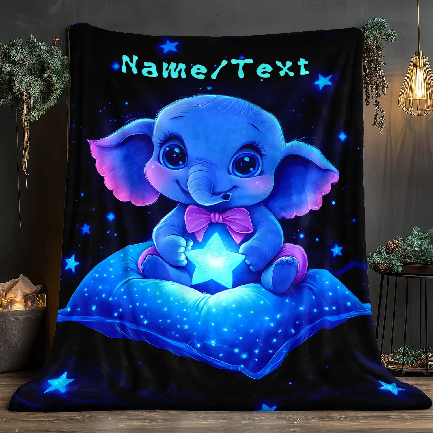 Coperta Personalizzata con Elefante Blu, Cuscino a Stella, Papillon, Design Cielo Notturno, Nome Personalizzato, Morbido Plaid in Pile, Regalo