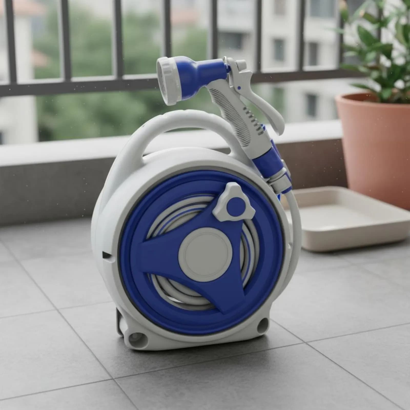 Carrello Avvolgitubo Compatto per Giardino, Salvaspazio, in Materiale ABS per Esterni