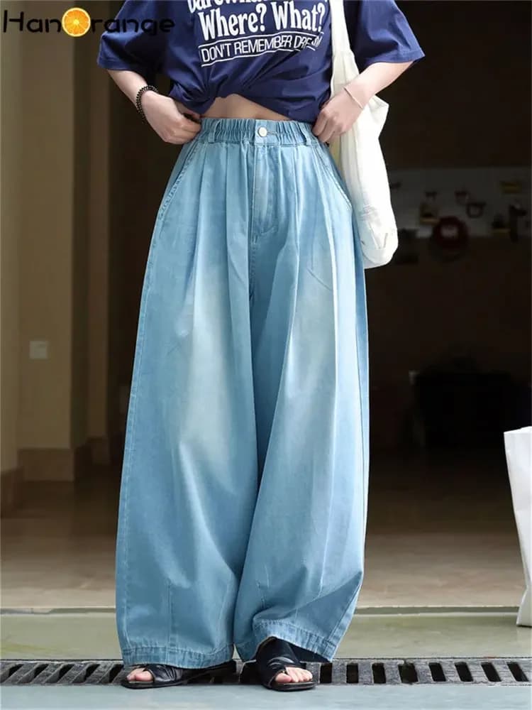 HanOrange 2025 Summer Jeans Retro Curves High Life Wide Leg Women's Casual Denim Trousers