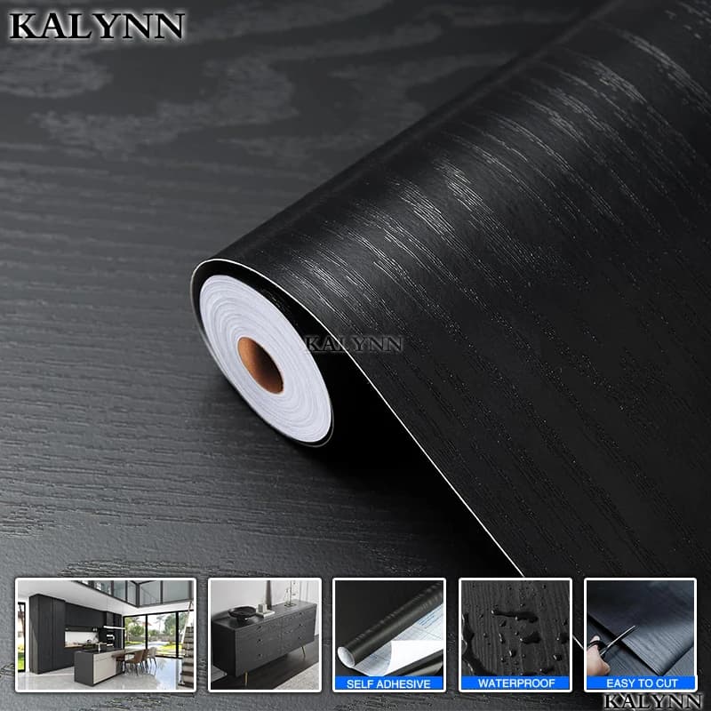 Detachable and glueable self-adhesive wallpaper in black wood contact paper, decorative vinyl film for bench furniture surface