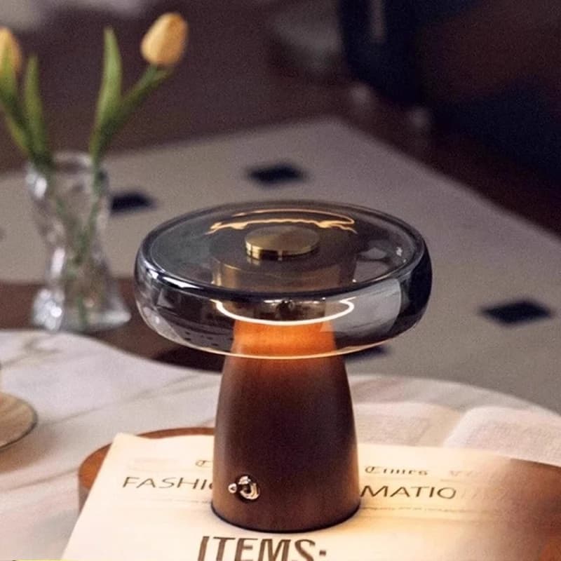 Lampada da Tavolo Vintage in Legno Massello a Forma di Fungo, LED con Paralume in Vetro di Lusso, per Camera da Letto, Studio, Ristorante, Lettura e Atmosfera