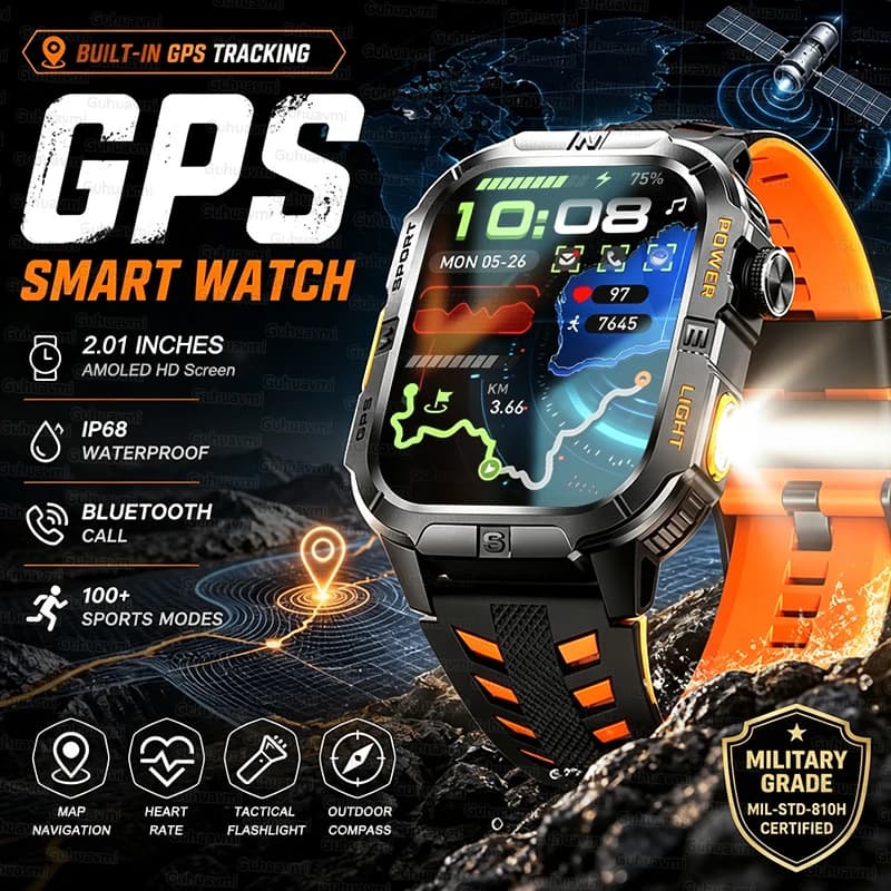 Nuovo Smartwatch Militare GPS 2026 con Schermo HD Grande da 2.01", Impermeabile IP68, Torcia LED, Bussola, Orologio Sportivo da Uomo