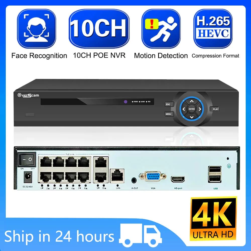 4K 10CH 8MP POE NVR videoregistratore Audio telecamera IP H.265 sistema CCTV rete rilevamento facciale P2P telecamera di videosorveglianza RTSP