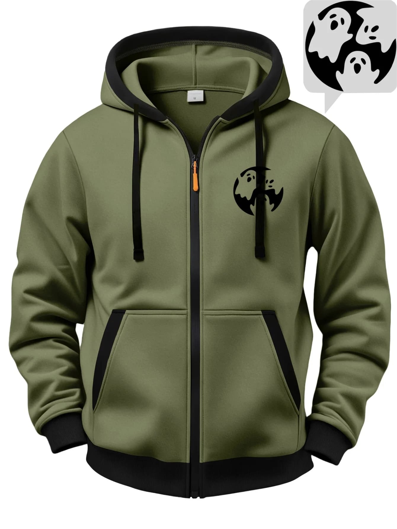 Halloween Men's Zip-Up Hoodie with Fun Ghost Print, Color-Blocked Cardigan, Autumn and Winter Fleece-Lined Jacket, Casual Sports Hoodie