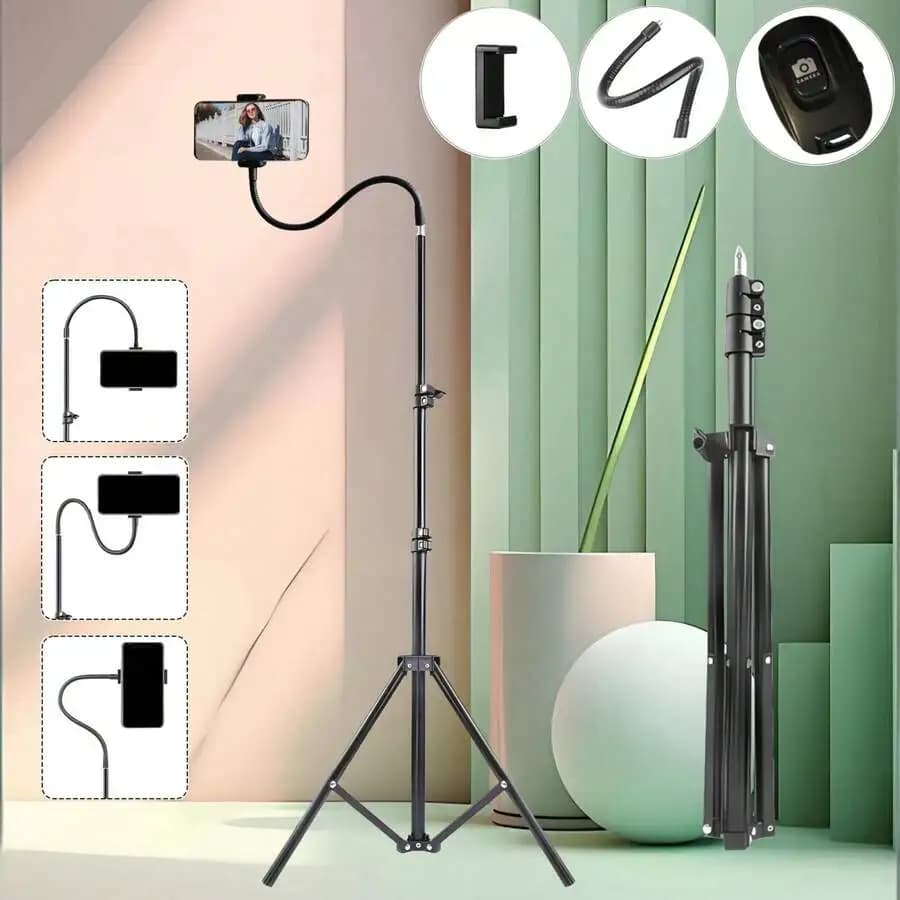 63 Inch Extendable Smartphone Tripod Stand With 35cm Flexible Hose, Phone Clip And Wireless Remote
