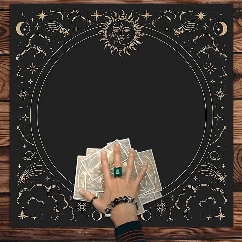 VIKAMA Tappeto Altare Nero Oro per Tarocchi, Set Piattaforma Cerimoniale Misteriosa, Tappetino Divinazione, Decorazione Sala Meditazione