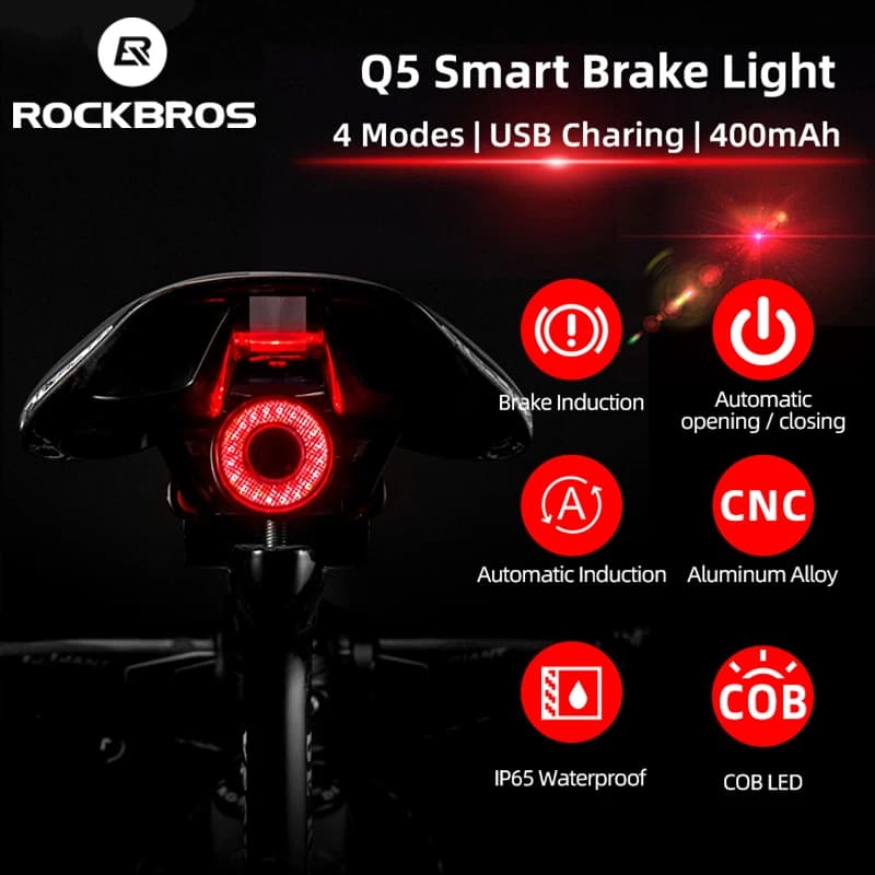 ROCKBROS Bike lLight Luce di rilevamento del freno automatico intelligente IPx6 LED impermeabile Ricarica Fanale posteriore per bicicletta Accessori per luci posteriori per bici