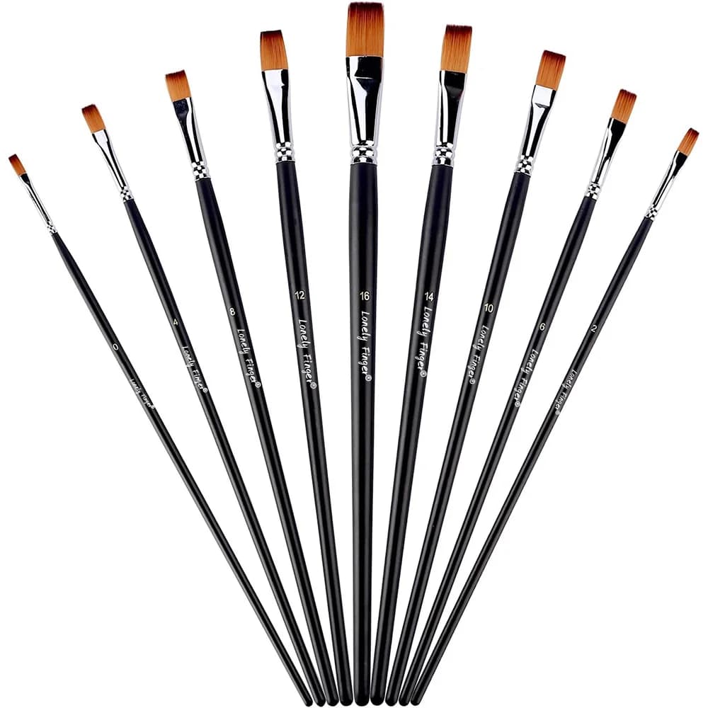 9Pcs Flat Art Paintbrush Set Anti-Shedding Synthetic Nylon with Long Handle Paint Brush for Watercolor Acrylics Gouache Oil