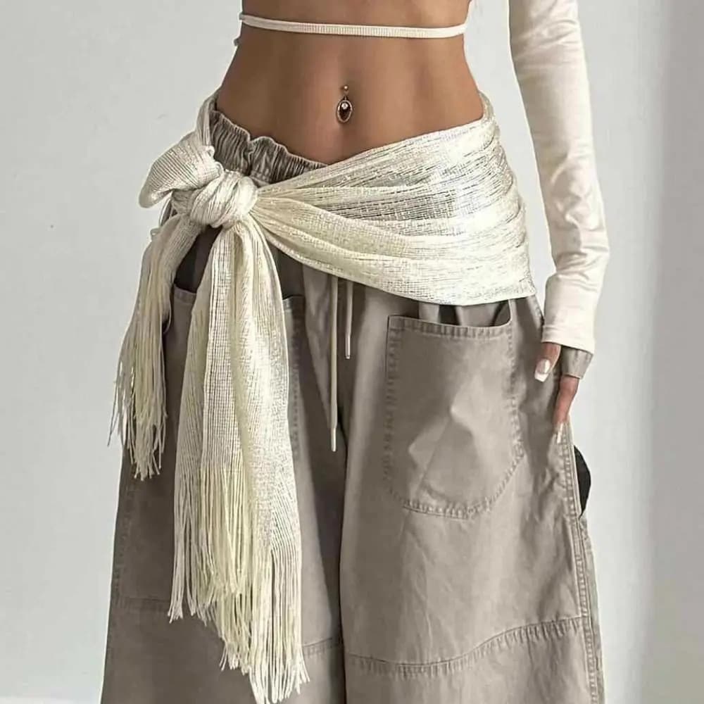 New Long Flowy Fringe Tassel Fabric Scarf Harajuku Y2K Streetwear Dance Accessories Solid Color Cape Belt