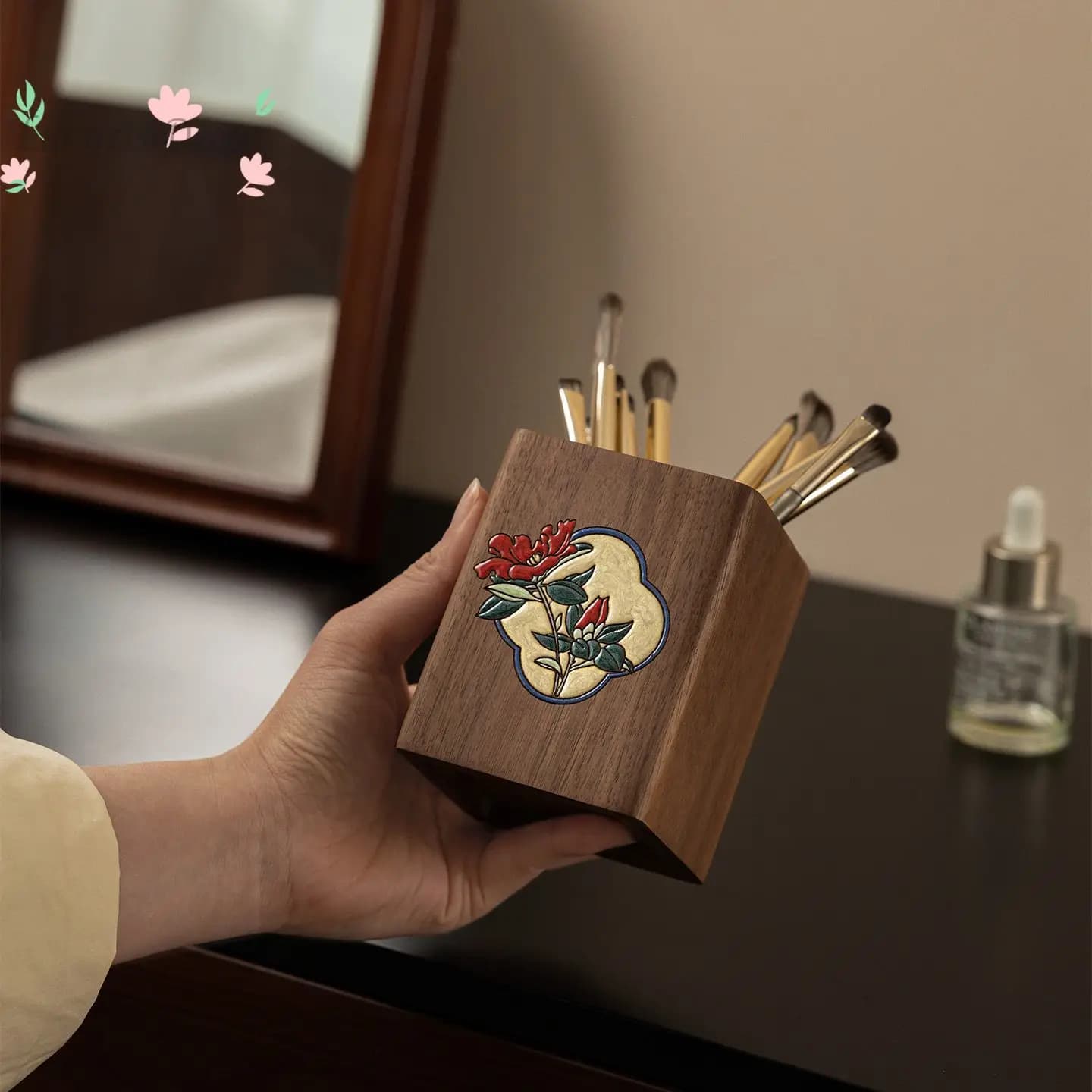 Brush holder, black walnut, solid wood painting, hand-painted makeup brush storage box, ancient-style creative handmade