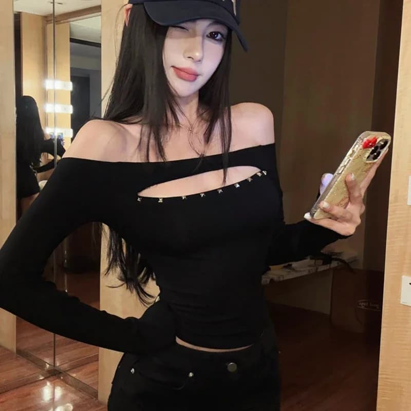 Hollow Off-shoulder Long Sleeve T-shirt For Women Ins Spring Fall Pure Sexy Tight Short Tops