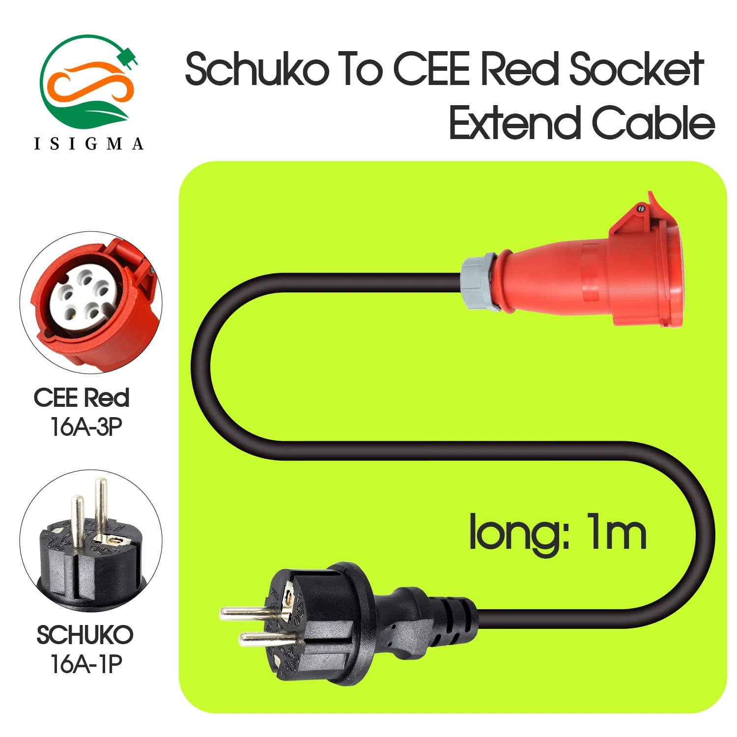 ISIGMA 16A Portable charger adapter EV three-phase 11KW Schuko female plug with EEC red power supply Connect for electric cars