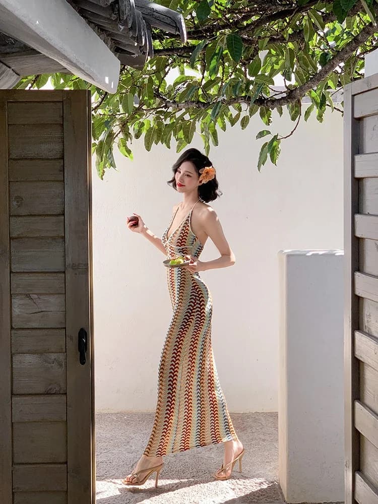 Sexy Bicolored Stripe Knitted Strap V-Neck Hanging Neck Body Shaping Long Dress Holiday Style Women's No-Sleeve Swimsuit
