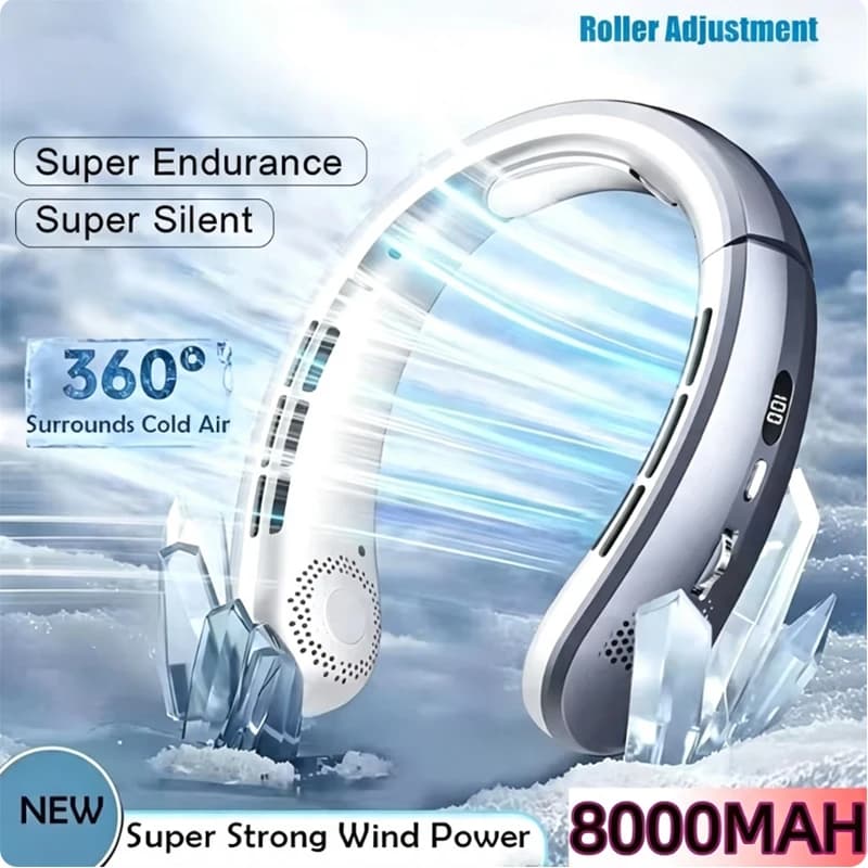 8000mAh Hanging Neck Fan Portable Bladeless USB Rechargeable Mute LED Digital Display Air Cooler Hands Free Fan for Home Outdoor