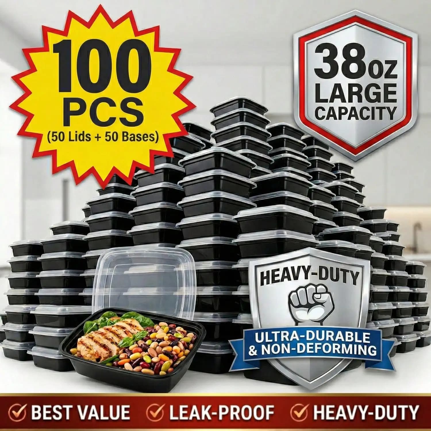 38 oz Black Rectangular Meal Prep Containers with Lids,100 Pack Disposable Bento Lunch Box, Food Storage Containers Microwave Dishwasher Freezer Safe, Stackable Kitchen Organizer