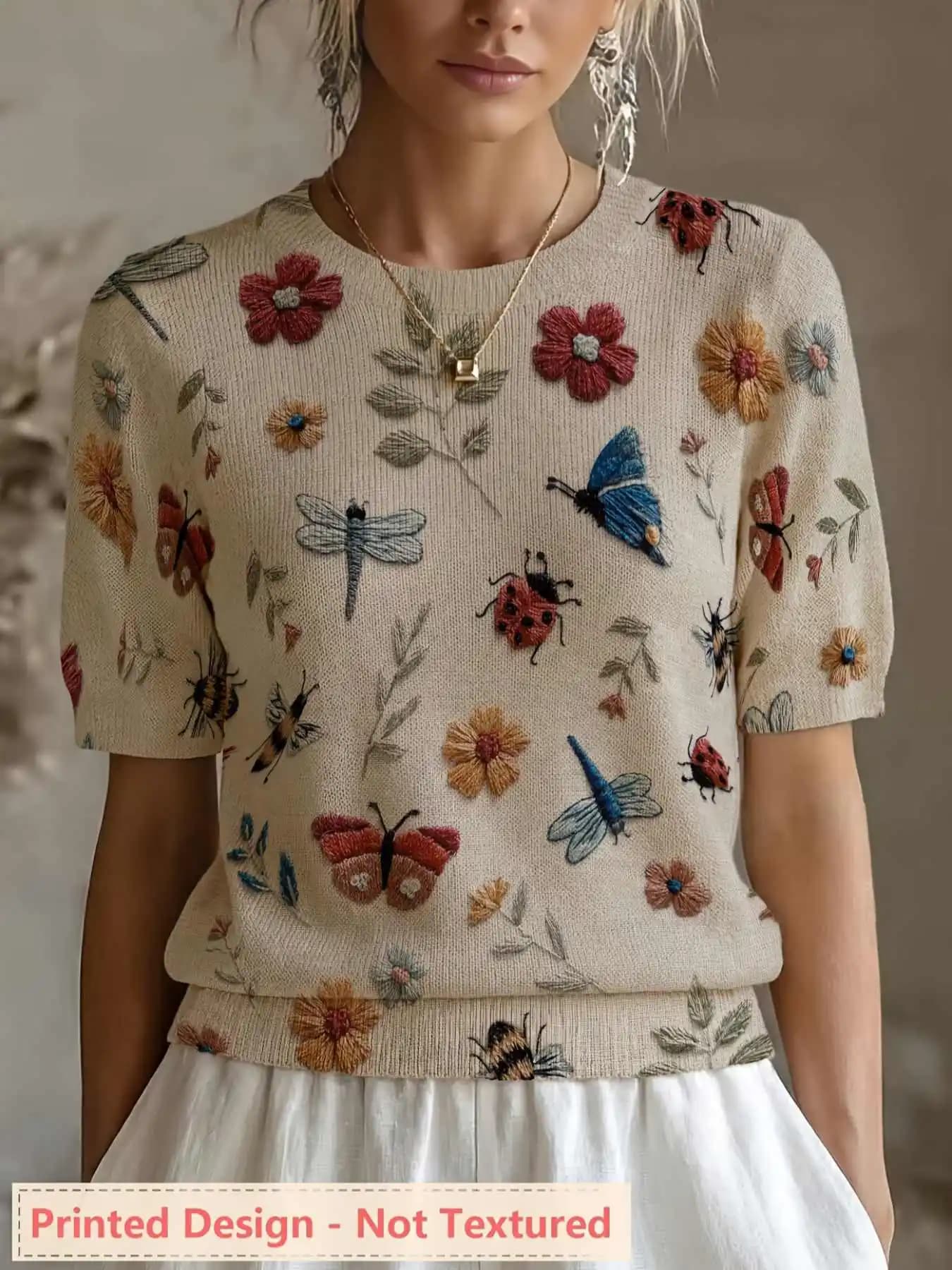 Maglietta da donna con stampa digitale piatta, girocollo, manica corta, non testurizzata, nuova collezione Primavera/Estate, alla moda