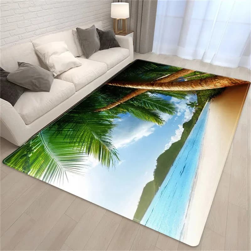Tappeto con Scenari di Spiaggia Tropicale e Sole, Tappeto con Paesaggio Oceanico, Tappetino con Motivo di Palme per Soggiorno, Camera da Letto e Yoga