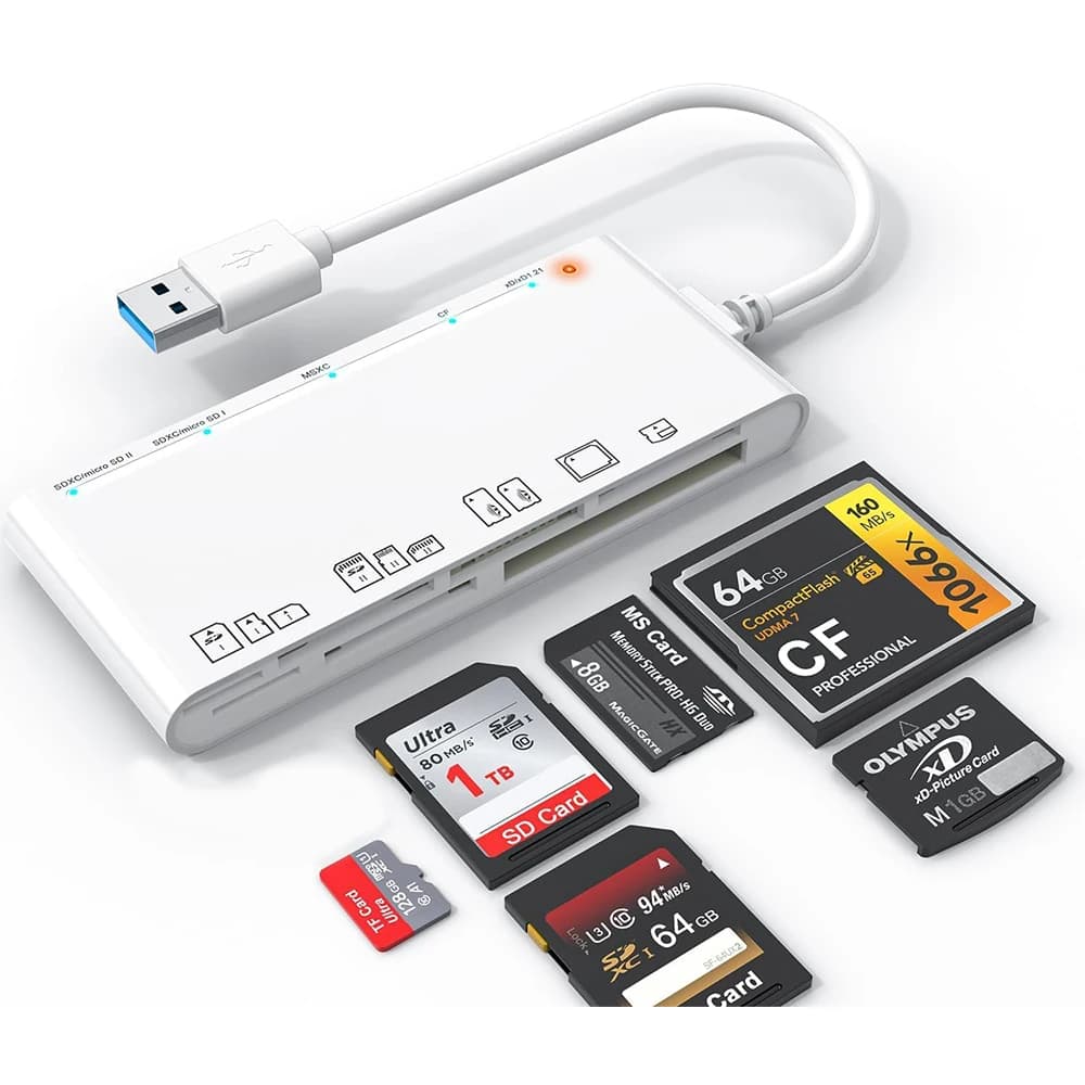USB 3.0 Multi Card Reader for SD/Micro SD/TF/XD/CF/MS - 7-in-1 Memory Card Reader/Adapter for Windows, Mac, Linux - White