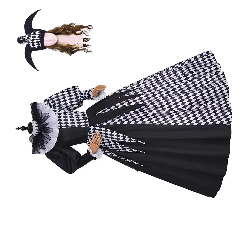 Gothic Medieval Court Jester Costume Circus Black White Chess Queen Ball Gown Vintage Clown Dress Halloween Cosplay Outfits