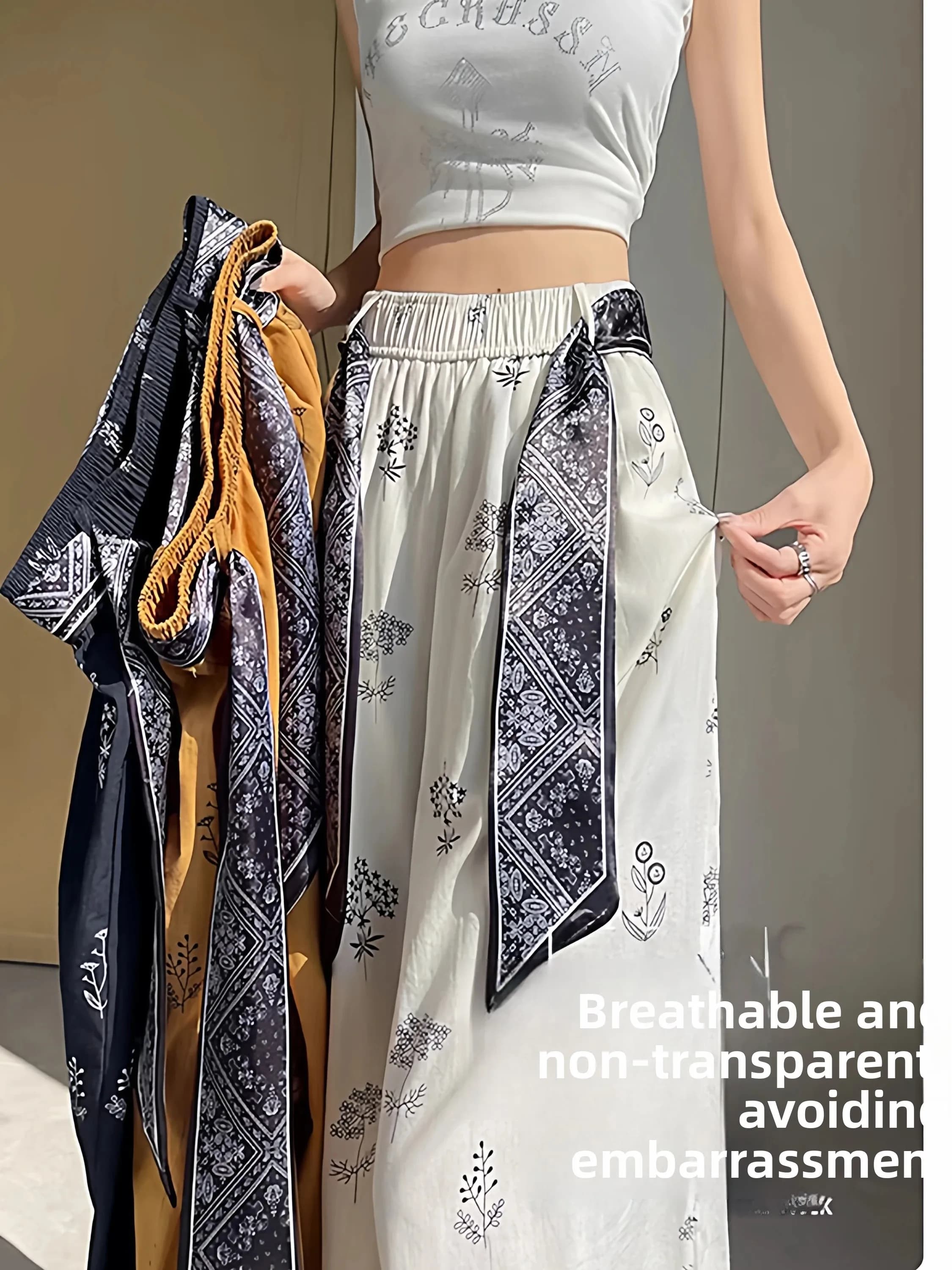Summer Thin High Waist Ice Silk Cotton Linen Wide Leg Pants Women's Printed Belted Small Size Nine Points Casual Trousers