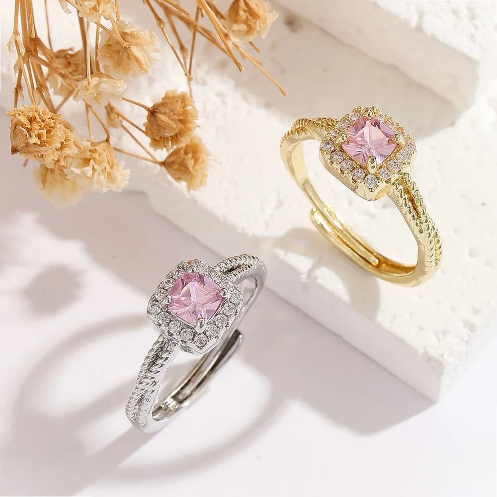 Pink Zirconium Cube Ring for Women, Adjustable Light Luxury Openable Ring, Fashion Style Ins