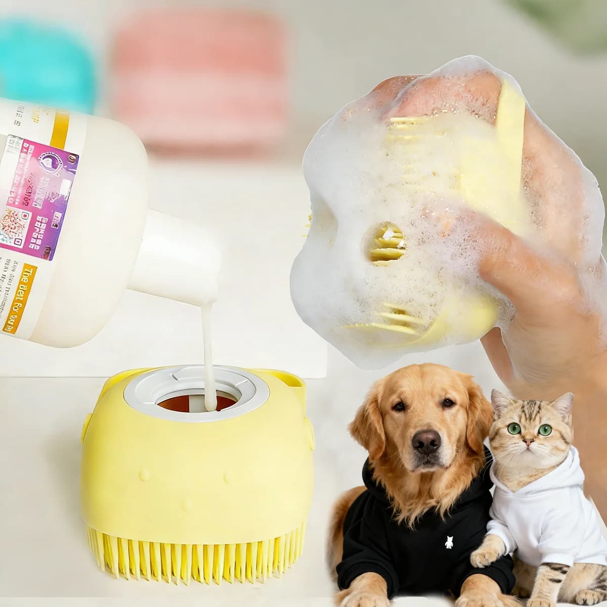 Spazzola per massaggio da bagno per animali domestici, pettini in silicone morbidi e sicuri, possono contenere shampoo, adatti per strumenti da bagno di bellezza per cani e gatti