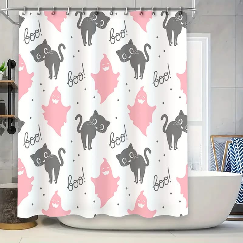 Tenda da doccia a tema Halloween con gatti neri e fantasmi rosa, arredamento da bagno spettrale per l'autunno 2023! (articolo # 5719468 )