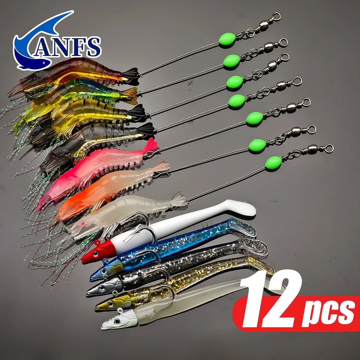 ANFS 12 pieces soft baits artificial fishing baits assorted design, soft bionic baits for shrimps, outdoor fishing accessories
