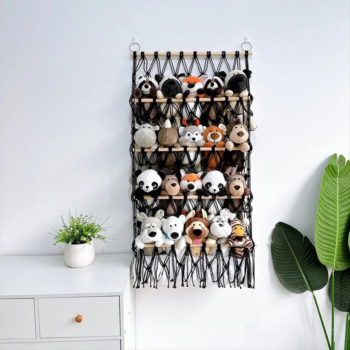 Organizzatore da appendere a parete Giocattolo di peluche Rete Amaca Asilo nido Peluche Conservazione Boho Macrame,Bianco