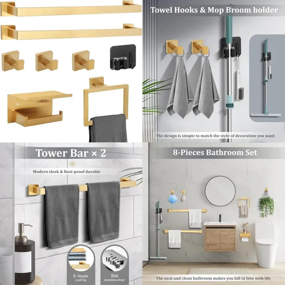 Set di accessori per il bagno in acciaio inossidabile spazzolato oro, collezione di portasciugamani da 8 pezzi, accessori da 23,6 pollici per un bagno di lusso D