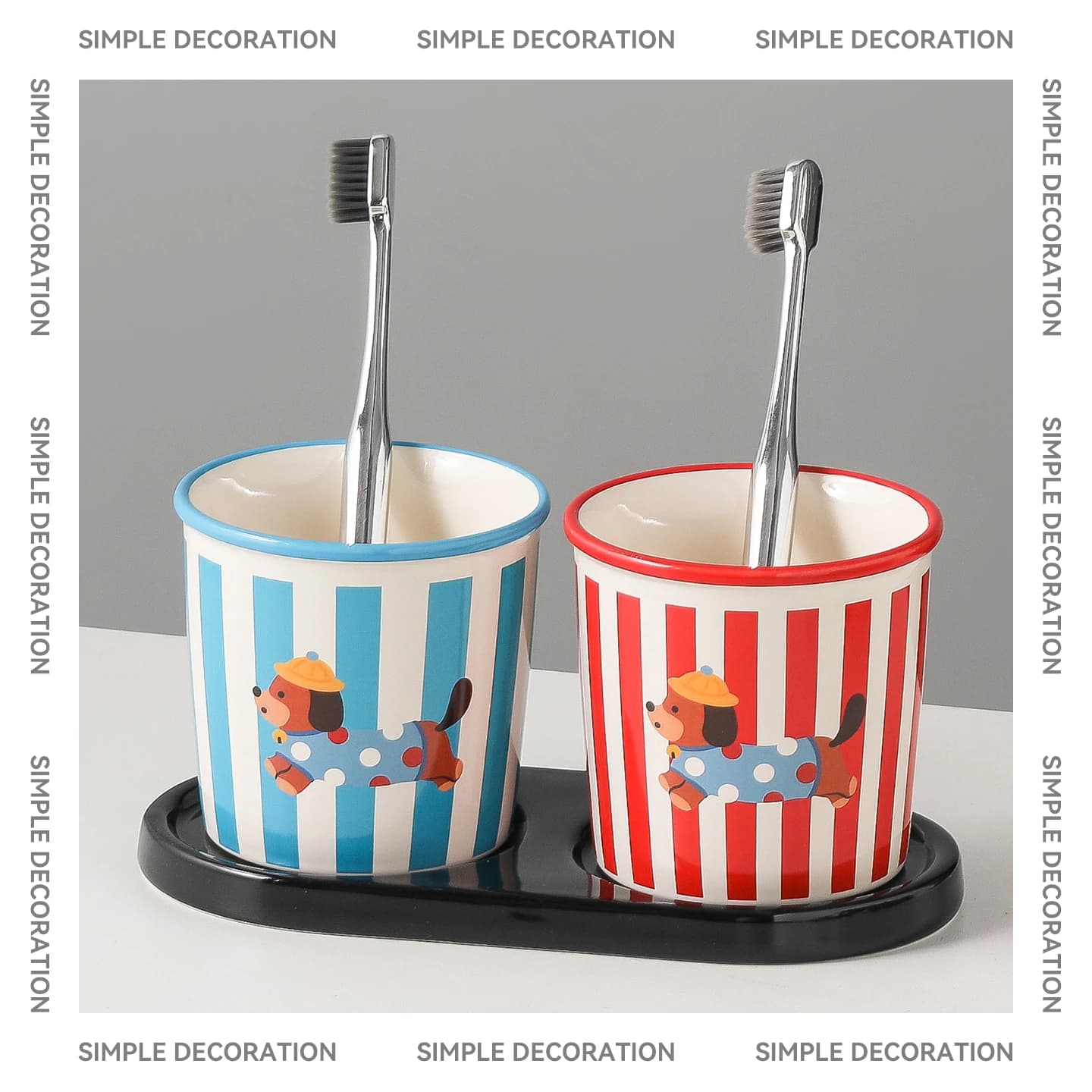 Set Portaspazzolino in Ceramica di Lusso a Strisce con Design Bassotto, Set da Bagno Creativo con Portaoggetti e Portaspazzolino per Coppia