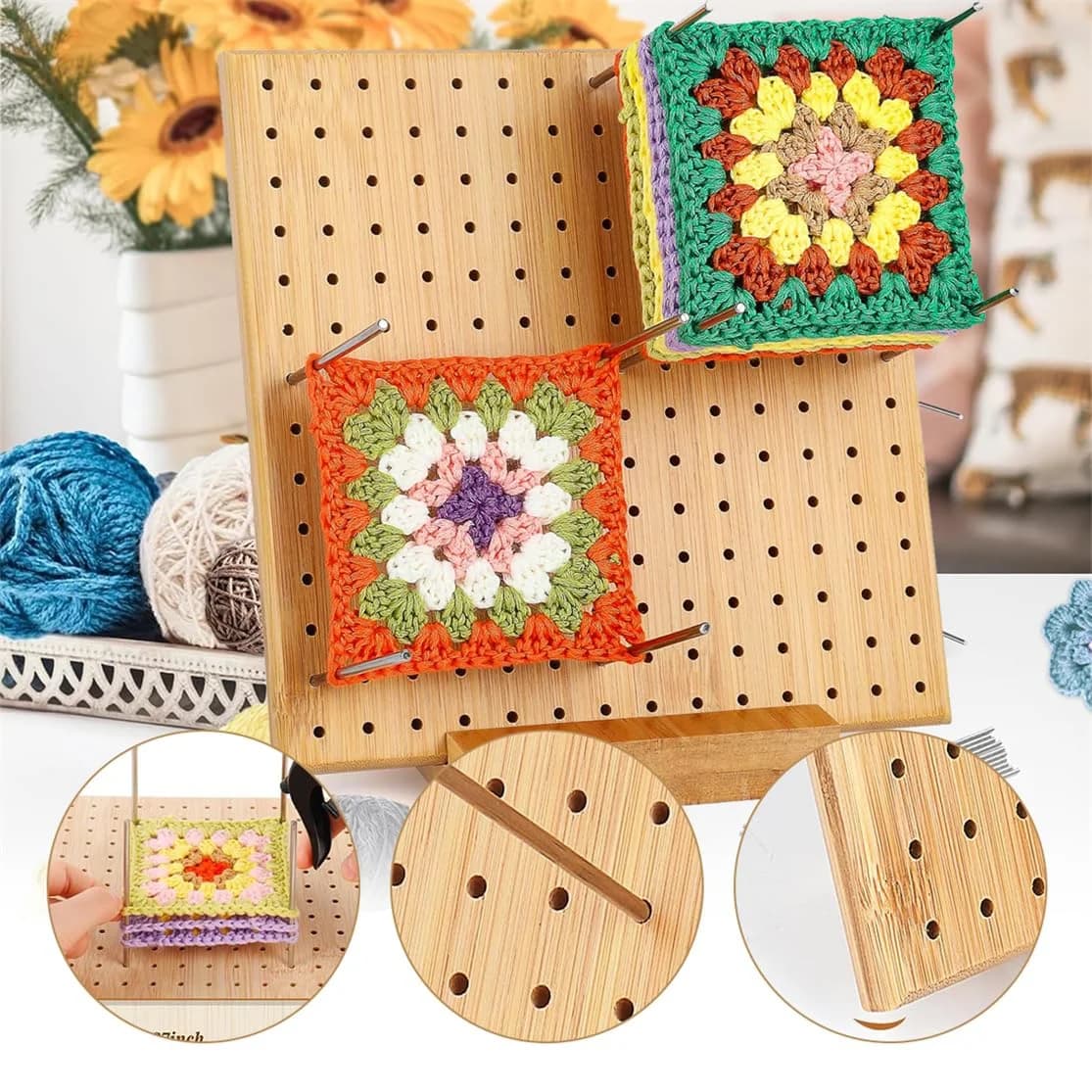 Grande tavola all'uncinetto in legno da 20 cm con 8 picchetti/bacchette - Telaio beige per maglieria e gancio, tavola con gancio a griglia per Amigurumi, maglioni