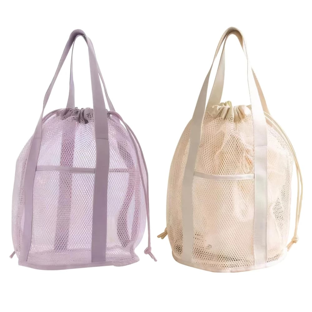 Borsa da viaggio per articoli da toeletta in rete traforata, pieghevole, ultraleggera, con coulisse, borsa da spiaggia, per giocattoli, asciugamani e articoli vari