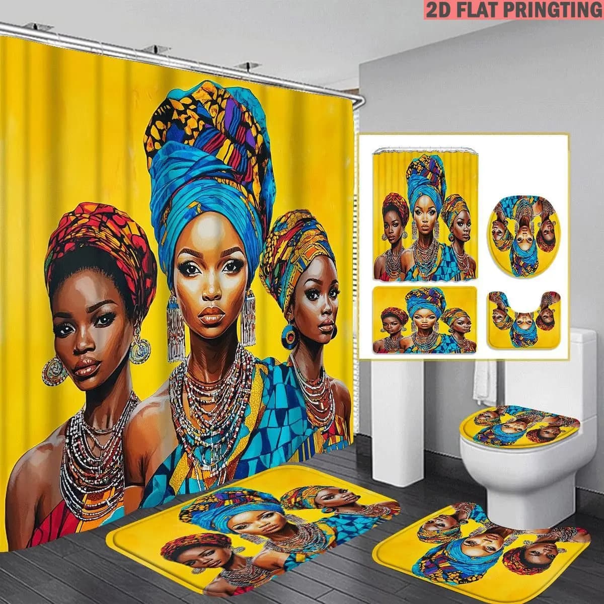 1pc/4pcs Shower Curtain and Bath Mat Set with print pattern African Women With Headwraps And Jewelry Non-Slip Bathroom Decor