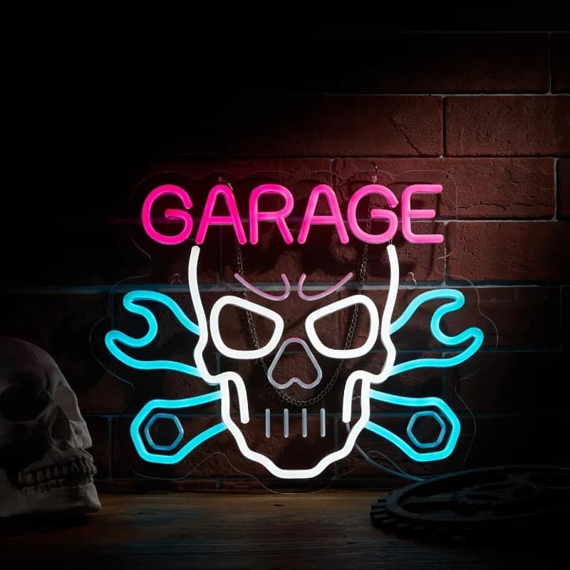 XM Skull Garage Car Service Car Neon Light Decorazione con interruttore dimmerabile Man Cave LED Neon Sign Light (Rosa+Blu+Bianco) korak