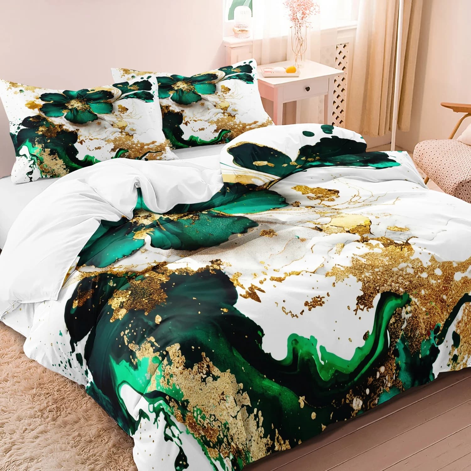 Set di 3 Pezzi di Biancheria da Letto di Lusso con Design in Marmo Verde e Dorato, Copripiumino per Camere Principali, Camere degli Ospiti o Hotel