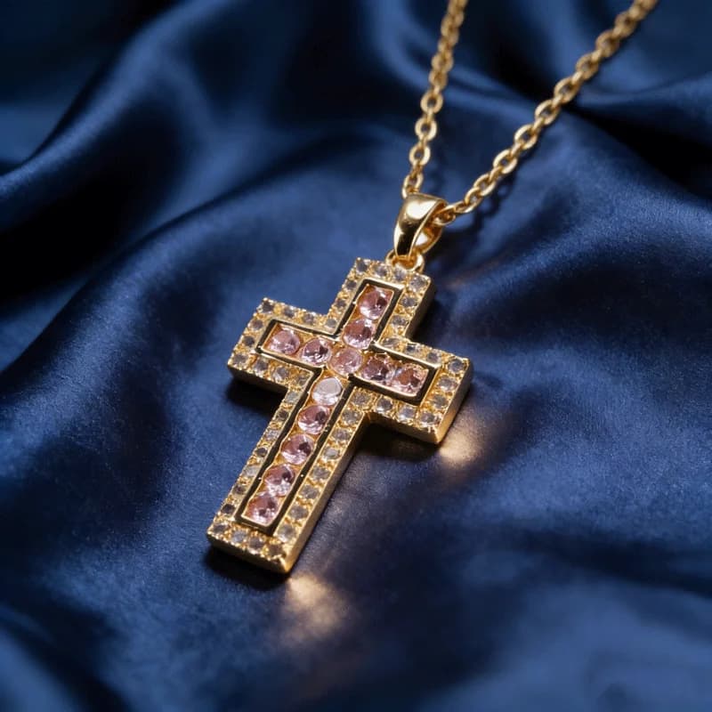 Collana con pendente a croce placcata oro di lusso leggero con zirconi rosa, catena a clavicola per donna, regalo per matrimonio, compleanno, festa o uso quotidiano.