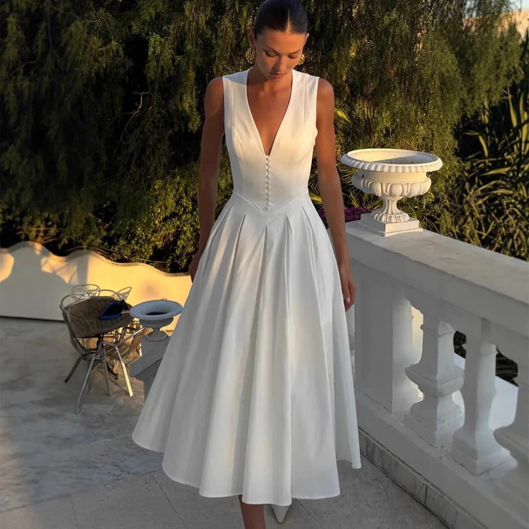 Women Dresses Solid V Neck Dress Sleeveless High Waist Vestidos Loose Fit Elegant Ankle Length 2026 Summer Casual Spliced